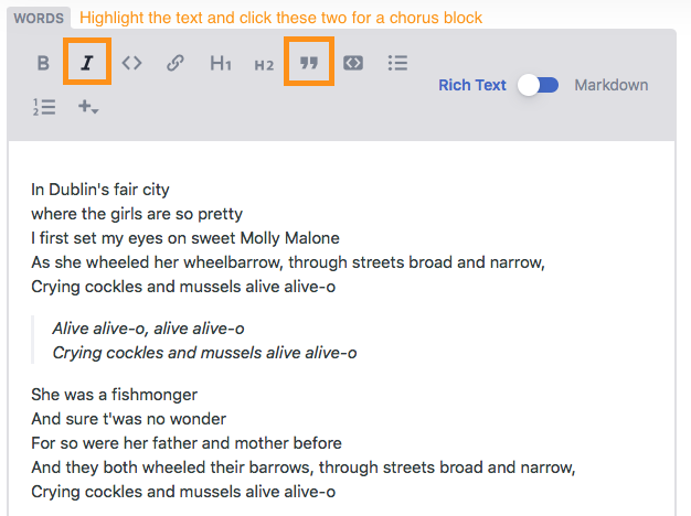 Use italic and block quote for choruses